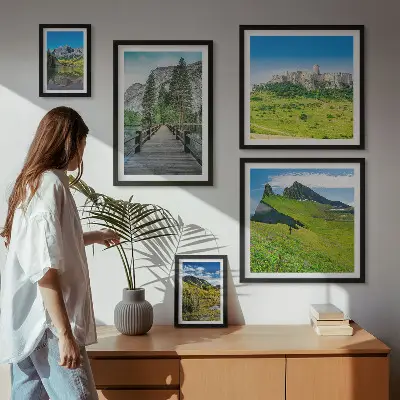 Set de 5 cuadros para salón con paisajes de montañas y cascadas