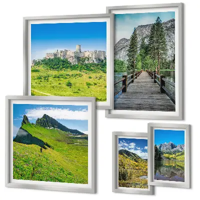 Set de 5 cuadros para salón con paisajes de montañas y cascadas