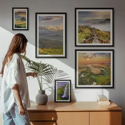 Cuadro para pared de galería de arte con paisajes de montaña y cascadas