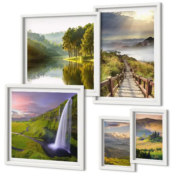 Set de 5 cuadros para salón con diseño de paisajes, cascadas y montañas