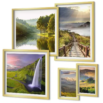 Set de 5 cuadros para salón con diseño de paisajes, cascadas y montañas