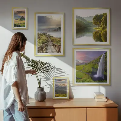 Set de 5 cuadros para salón con diseño de paisajes, cascadas y montañas