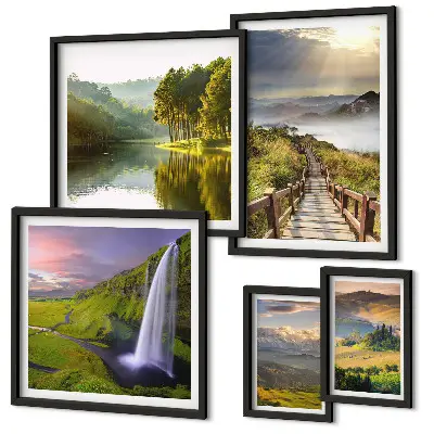 Set de 5 cuadros para salón con diseño de paisajes, cascadas y montañas