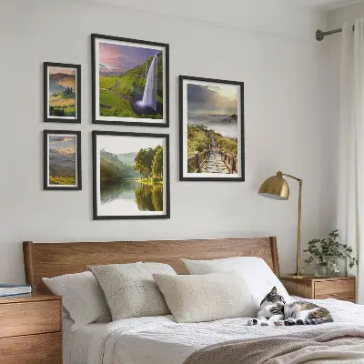Set de 5 cuadros para salón con diseño de paisajes, cascadas y montañas