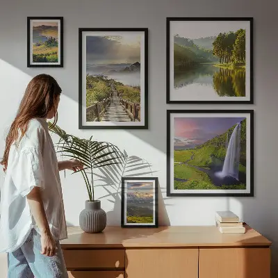 Set de 5 cuadros para salón con diseño de paisajes, cascadas y montañas