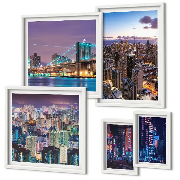 Conjunto de cuadros decorativos paisajes nocturnos de la ciudad con iluminación de luces de neón