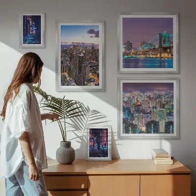 Conjunto de cuadros decorativos paisajes nocturnos de la ciudad con iluminación de luces de neón