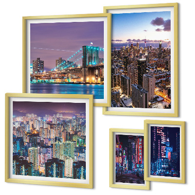 Conjunto de cuadros decorativos Paisajes nocturnos de la ciudad iluminados con luces de neón.