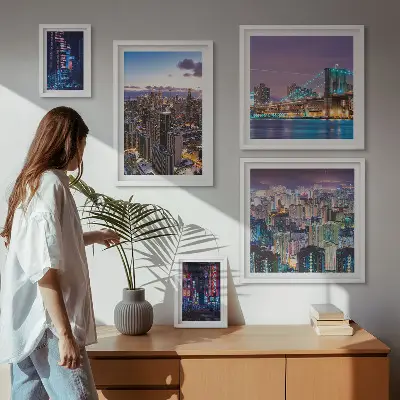 Conjunto de cuadros decorativos paisajes nocturnos de la ciudad con iluminación de luces de neón