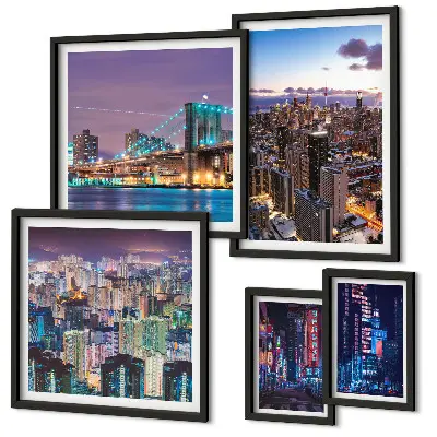 Conjunto de cuadros decorativos paisajes nocturnos de la ciudad con iluminación de luces de neón
