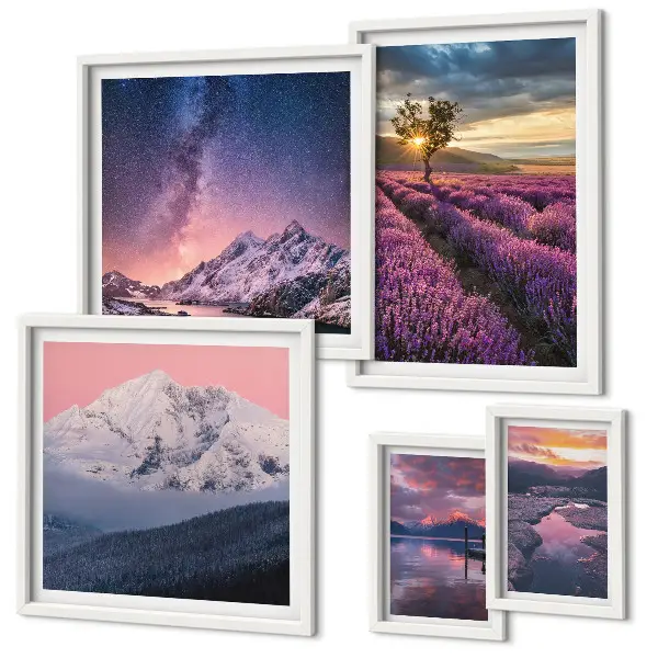 Set de 5 cuadros para salón con paisajes naturales de montañas de lavanda