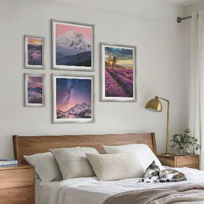 Set de 5 cuadros para salón con paisajes naturales de montañas de lavanda