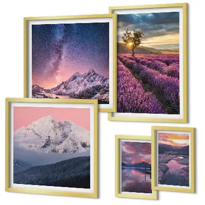 Set de 5 cuadros para salón con paisajes naturales de montañas de lavanda