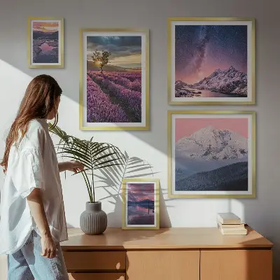 Set de 5 cuadros para salón con paisajes naturales de montañas de lavanda