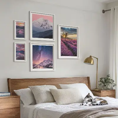 Set de 5 cuadros para salón con paisajes naturales de montañas de lavanda