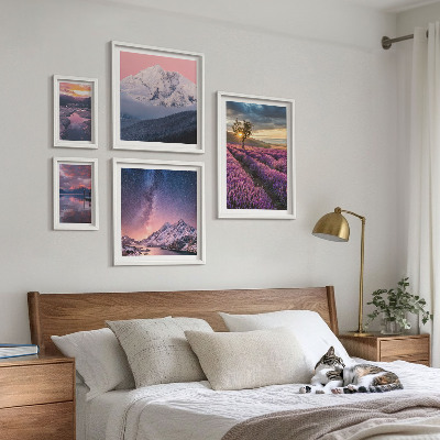 Set de 5 cuadros para salón Paisajes naturales de montañas de lavanda