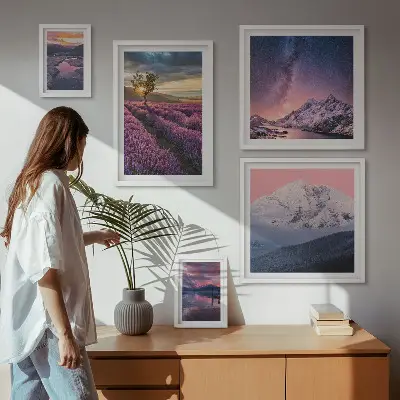 Set de 5 cuadros para salón con paisajes naturales de montañas de lavanda
