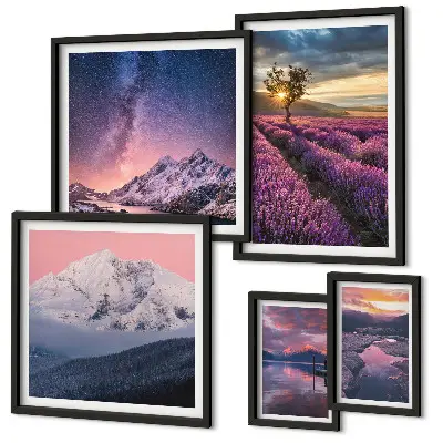 Set de 5 cuadros para salón con paisajes naturales de montañas de lavanda