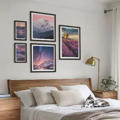 Set de 5 cuadros para salón con paisajes naturales de montañas de lavanda
