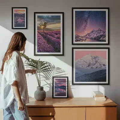 Set de 5 cuadros para salón con paisajes naturales de montañas de lavanda