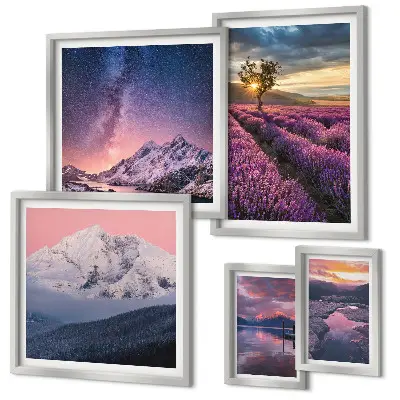Set de 5 cuadros para salón con paisajes naturales de montañas de lavanda