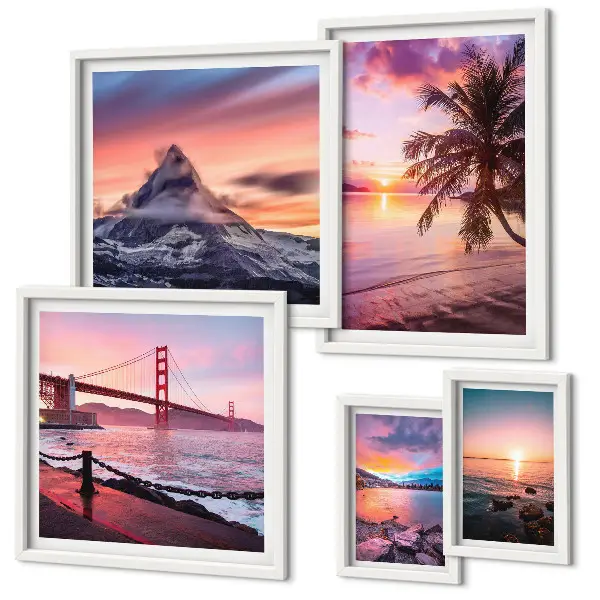 Set de 5 cuadros para salón con paisajes marinos y palmeras