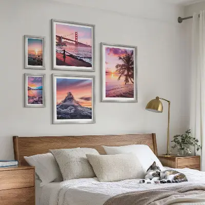 Set de 5 cuadros para salón con paisajes marinos y palmeras