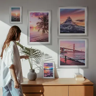Set de 5 cuadros para salón con paisajes marinos y palmeras