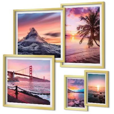 Set de 5 cuadros para salón con paisajes marinos y palmeras