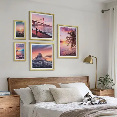 Set de 5 cuadros para salón con paisajes marinos y palmeras