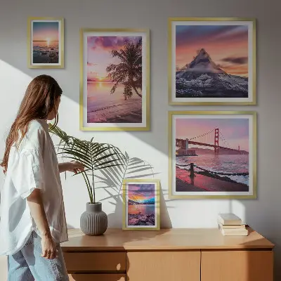 Set de 5 cuadros para salón con paisajes marinos y palmeras