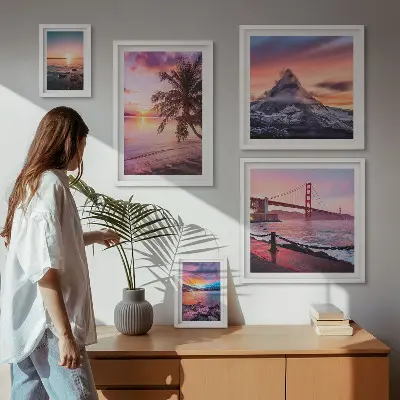 Set de 5 cuadros para salón con paisajes marinos y palmeras