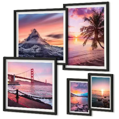 Set de 5 cuadros para salón con paisajes marinos y palmeras