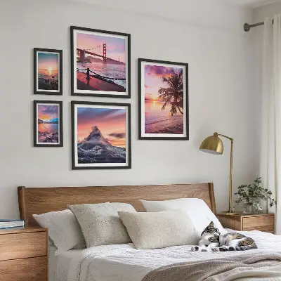 Set de 5 cuadros para salón con paisajes marinos y palmeras