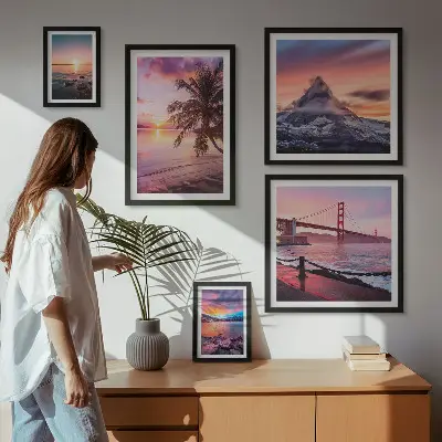 Set de 5 cuadros para salón con paisajes marinos y palmeras