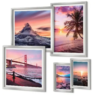 Set de 5 cuadros para salón con paisajes marinos y palmeras