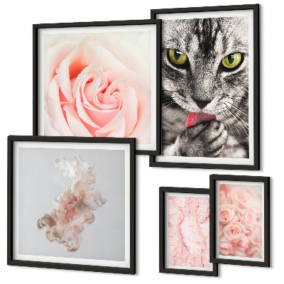 Set de 5 cuadros para salón Gatos rosas tonos delicados