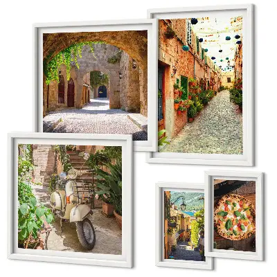 Set de 5 cuadros para salón con diseño de calles encantadoras y platos italianos