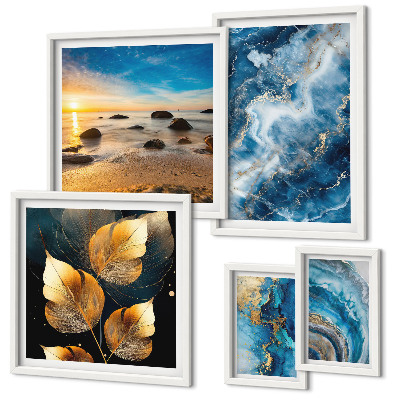 Set de 5 cuadros para salón Paisajes azules abstractos