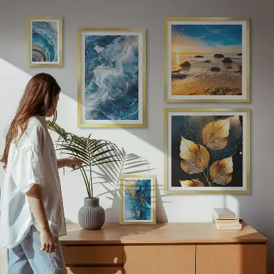 Set de 5 cuadros decorativos diseño de paisajes azules abstractos para salón