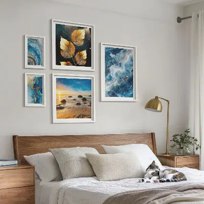 Set de 5 cuadros decorativos diseño de paisajes azules abstractos para salón