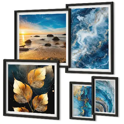 Set de 5 cuadros decorativos diseño de paisajes azules abstractos para salón