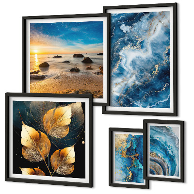 Set de 5 cuadros para salón Paisajes azules abstractos