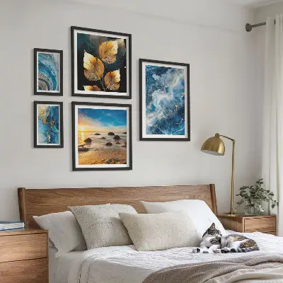 Set de 5 cuadros decorativos diseño de paisajes azules abstractos para salón