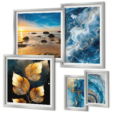 Set de 5 cuadros decorativos diseño de paisajes azules abstractos para salón