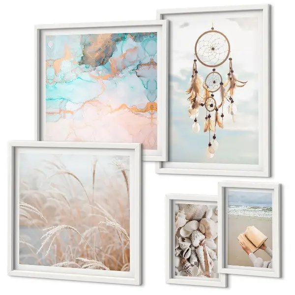 Pared galería de arte diseño de sueños bohemios con motivos de playa y naturaleza