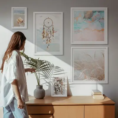 Pared galería de arte diseño de sueños bohemios con motivos de playa y naturaleza