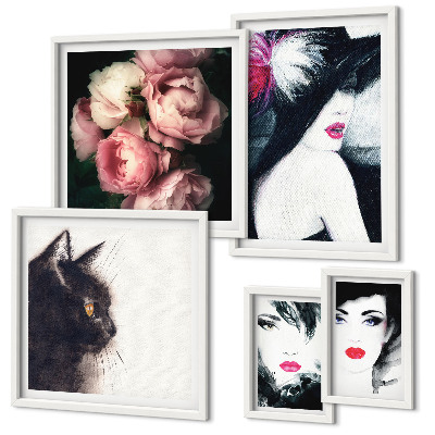 Conjunto de cuadros decorativos Retratos elegantes de mujeres con rosas.