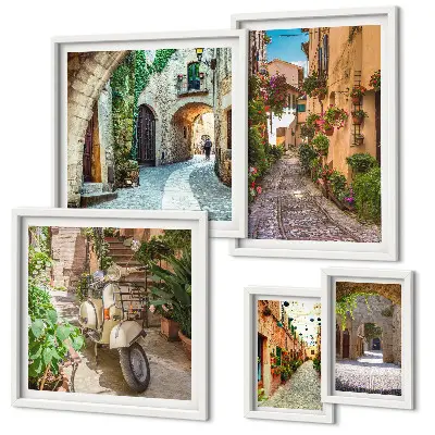 Set de 5 cuadros para salón con diseño de calles encantadoras con flores