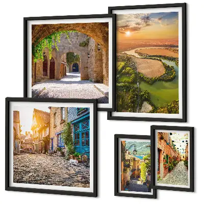 Conjunto de cuadros decorativos con diseño de calles encantadoras y pintorescas